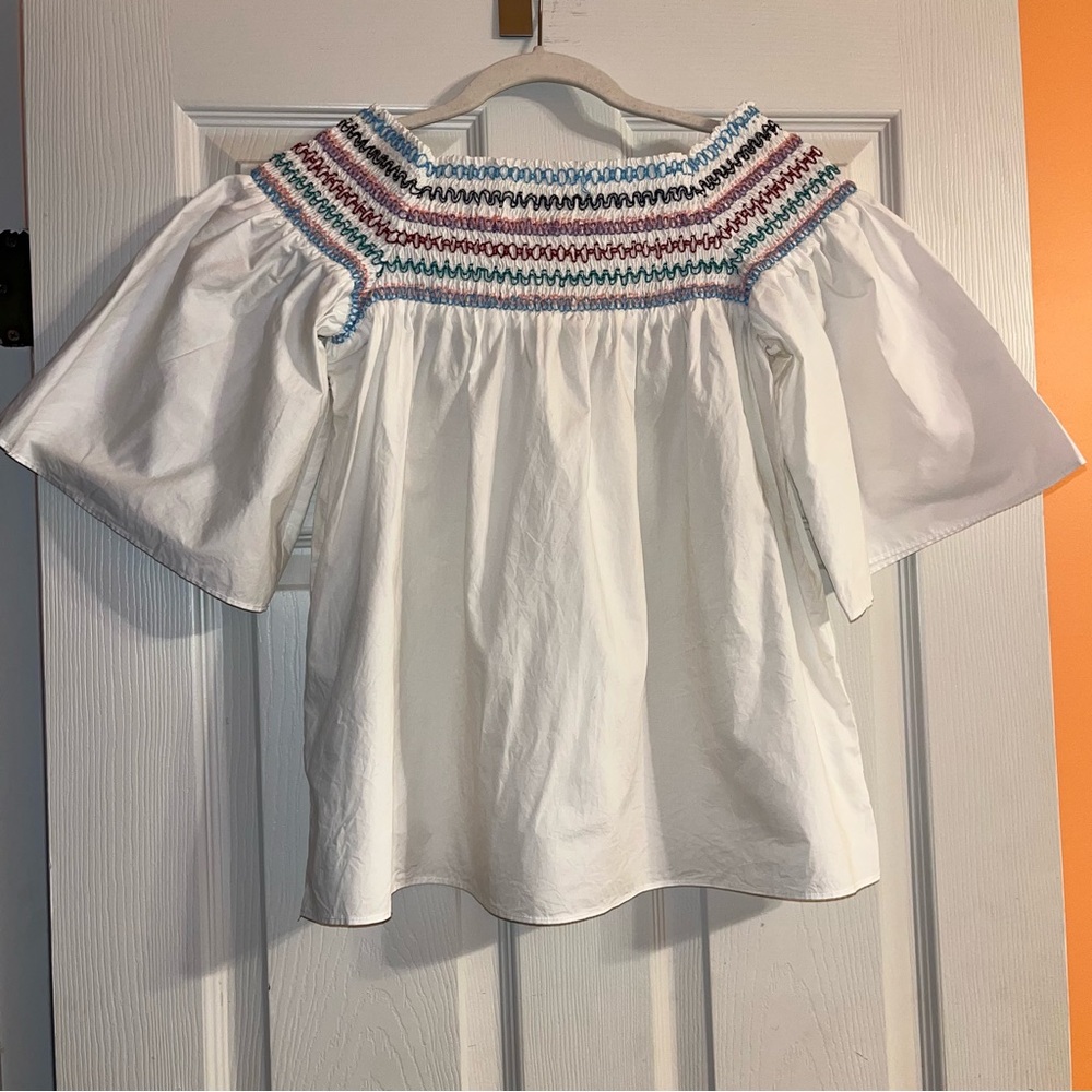 Parker Yasmin Smocked Neckline Cotton Poplin Flutter Sleeve Blouse